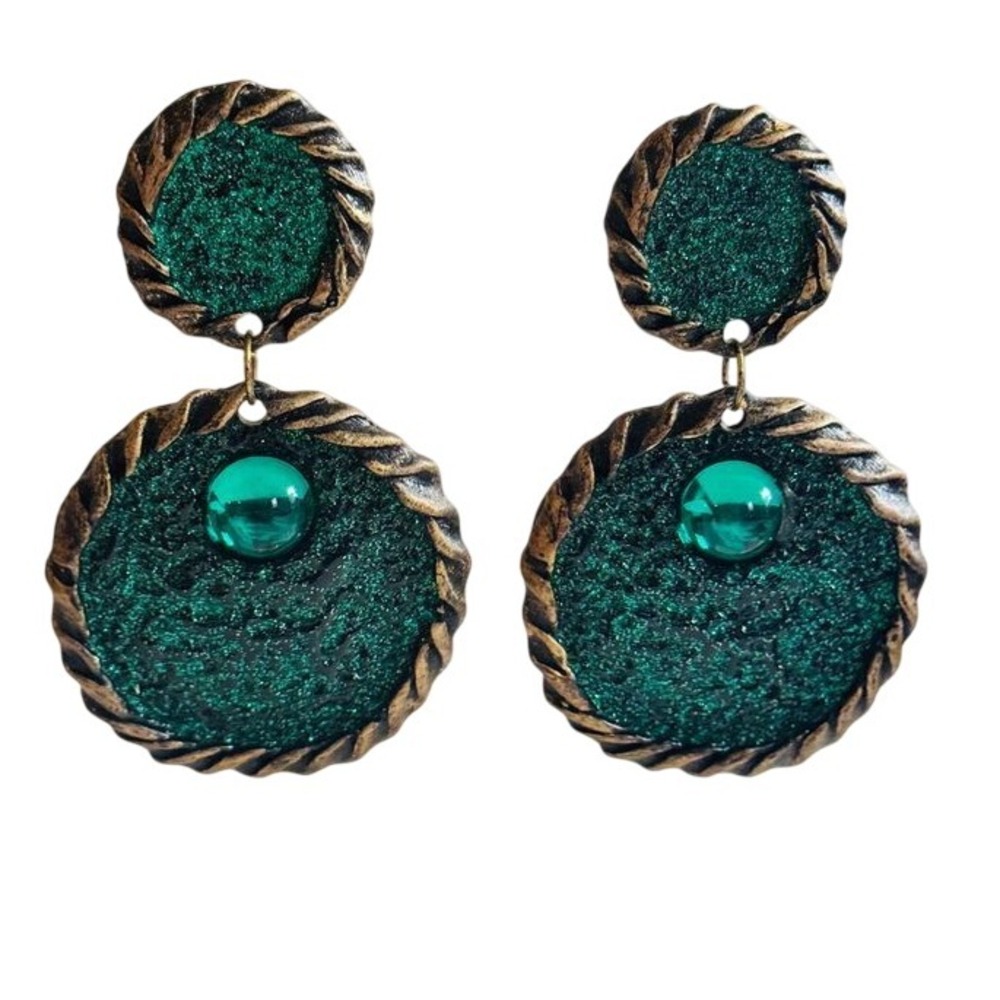 VTG 80s Chunky Earrings clip dangle Statement Acrylic Green Cabochon flashy
